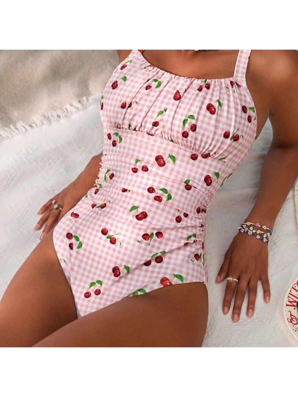 Multicolor Casual Women's Plaid Cherry Print One-Piece Swimsuit